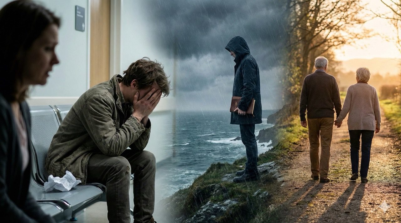 A narrative collage showing a distressed man in a hospital waiting room, a figure standing in a coastal storm, and an older couple walking hand-in-hand down a peaceful wooded path.