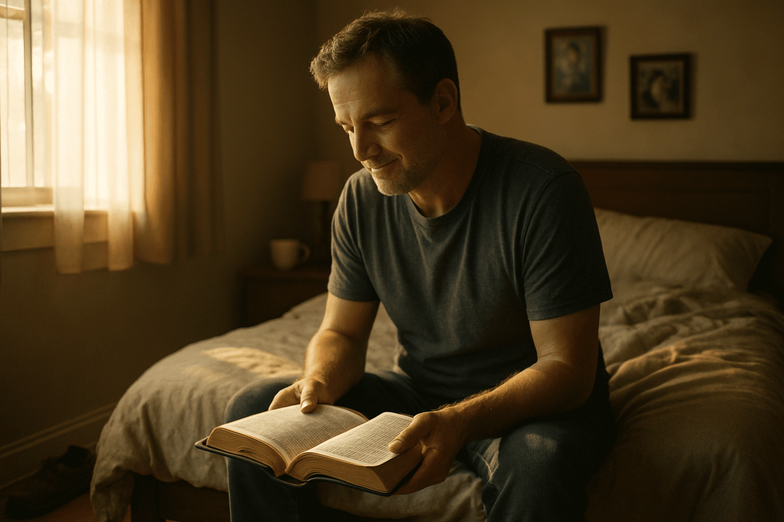 A middle-aged man sitting on the edge of a bed in soft morning light, reading a Bible with a cup of coffee on the nightstand.