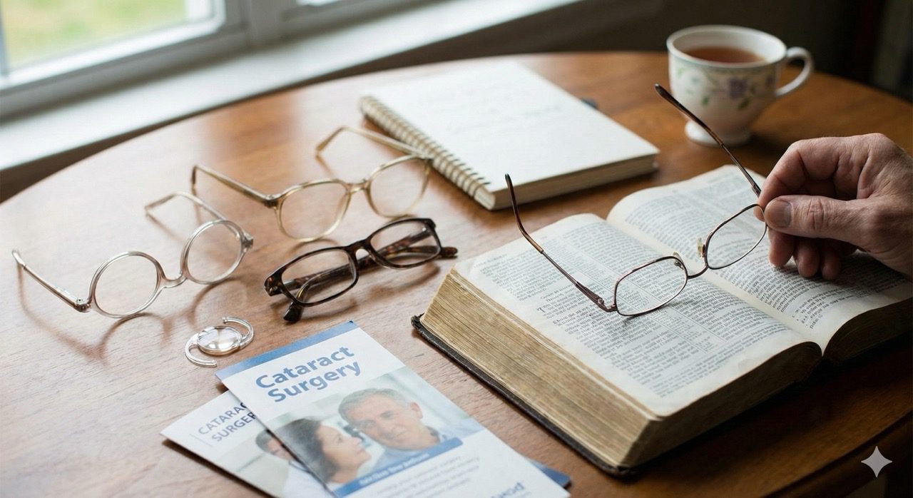 Several pairs of wire-rimmed reading glasses resting on a wooden table next to an open Bible, a brochure, and a cup of tea.