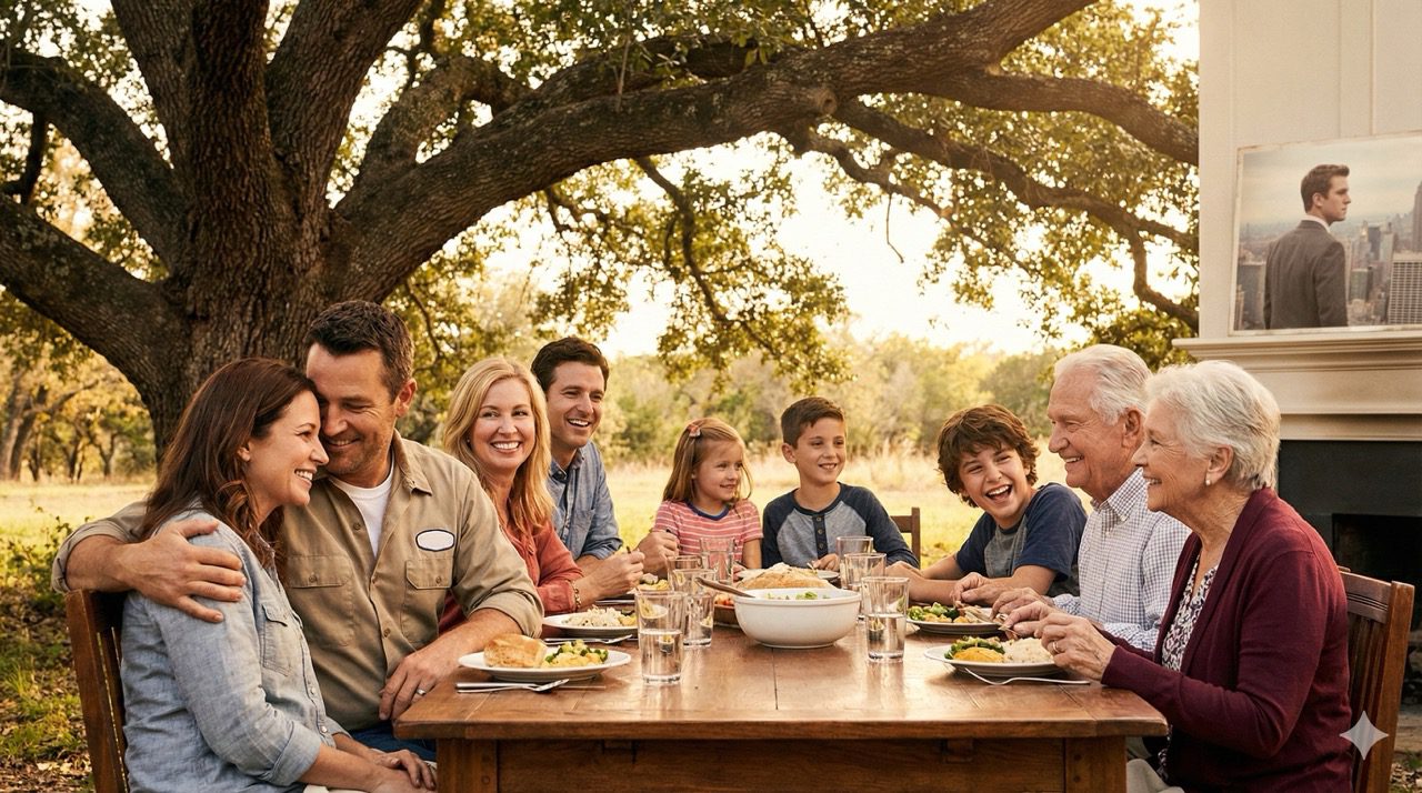 A large, multi-generational family laughing and eating together outdoors under a tree, contrasted with a somber portrait of a young businessman in a suit.