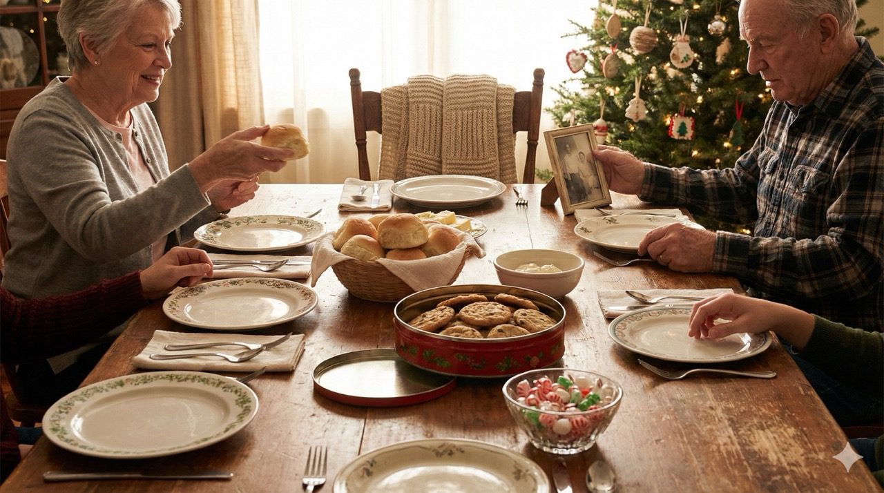 An older couple and family sharing a holiday meal with a basket of rolls and a tin of cookies, looking at a framed photo of their parents on the table.