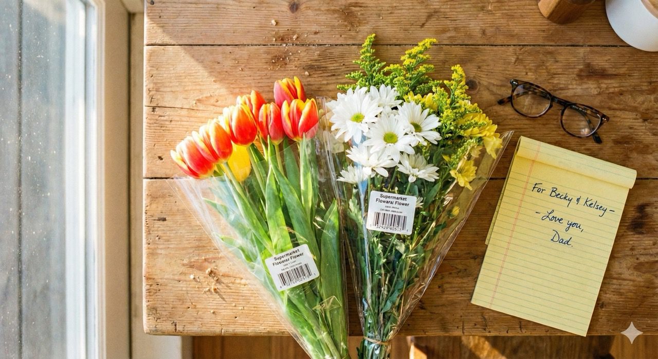 Two plastic-wrapped bouquets of tulips and daisies on a wooden table next to reading glasses and a handwritten note on a yellow legal pad that reads "For Becky & Kelsey - Love you, Dad."