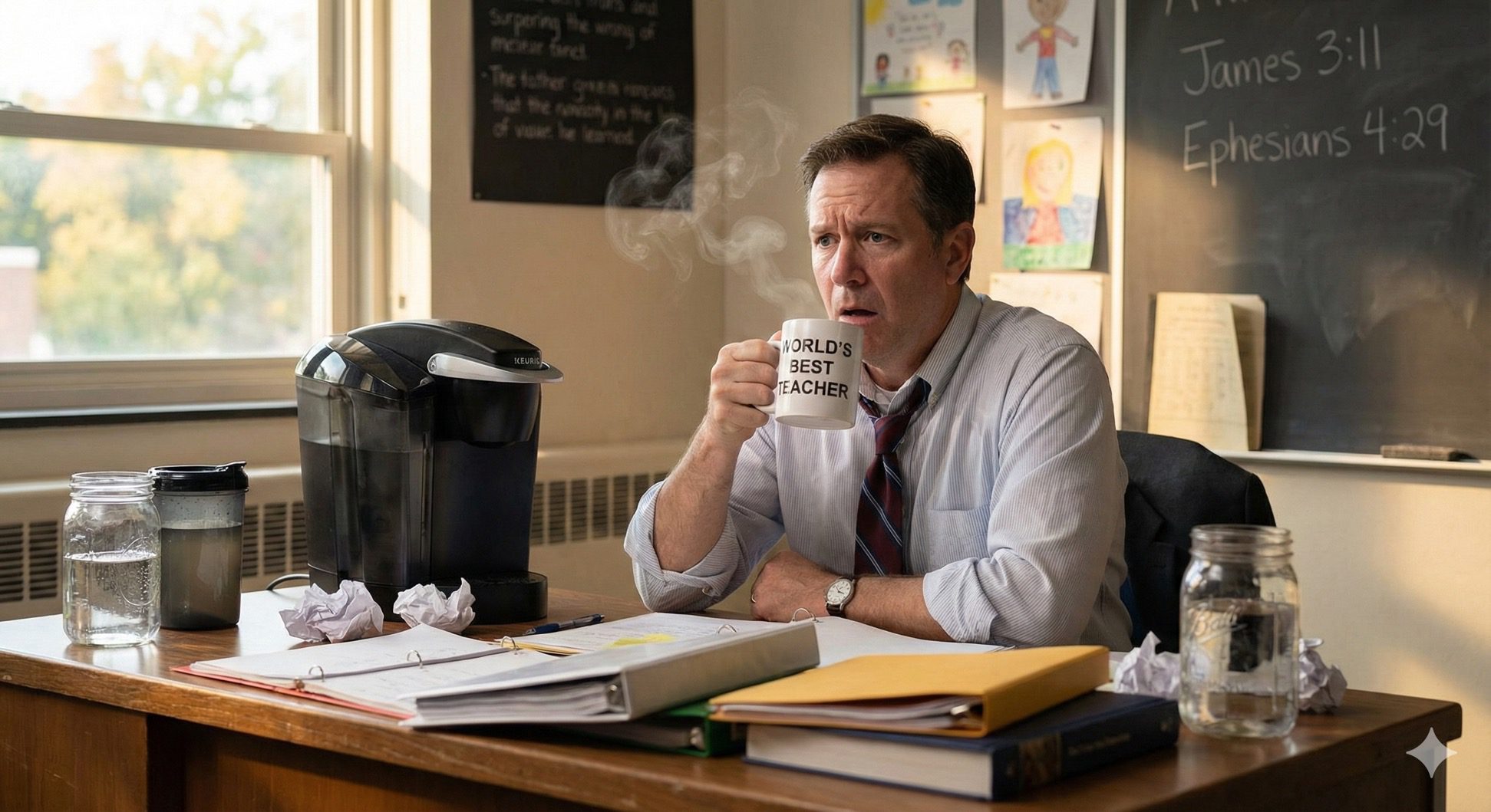 A shocked male teacher sitting at a desk, looking with disgust at a steaming mug that says "World's Best Teacher" after accidentally drinking vinegar.