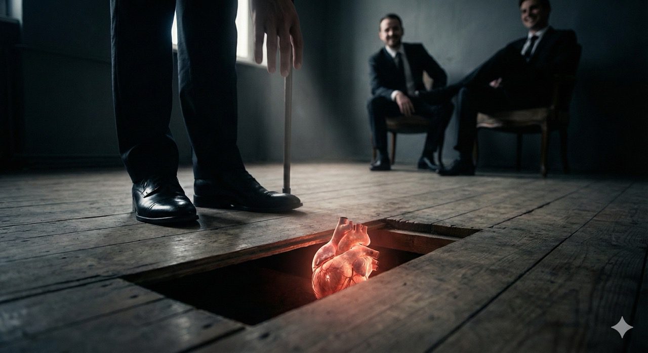 A metaphorical recreation of Edgar Allan Poe’s "The Tell-Tale Heart" in a modern professional setting. A glowing, realistic human heart pulses beneath a gap in weathered floorboards. A man in a dark suit stands over the hole with a cane, while two other men in suits sit comfortably in the background, smiling oblivious to the secret beneath them.