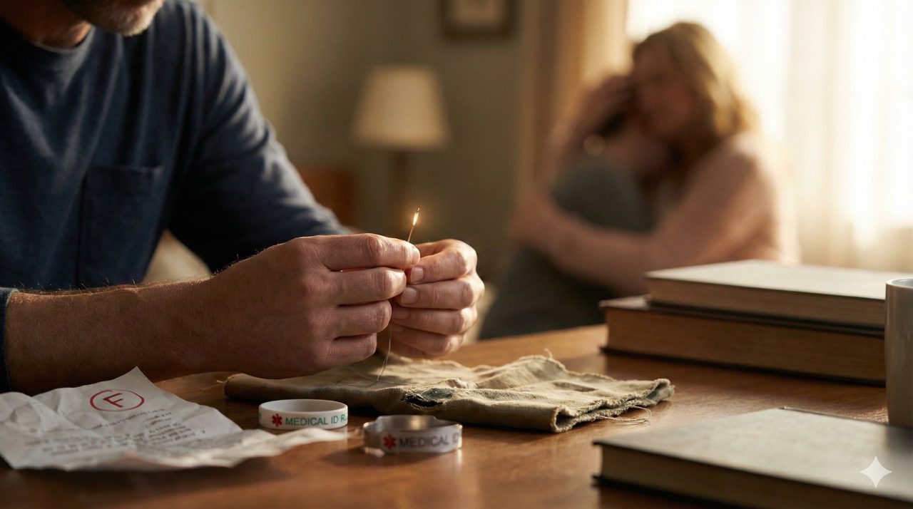 A close-up of a man's hands holding a needle next to a crumpled test paper with an "F" grade and a medical ID bracelet, while a family embraces in the background.