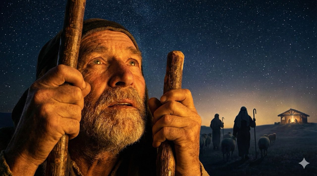 Elderly shepherd gazing at starry night sky with staff in hand, other shepherds and sheep near Bethlehem stable in background