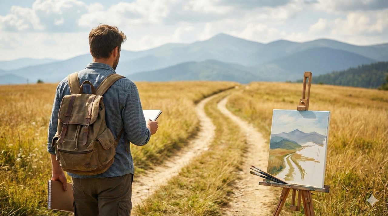 A man with a backpack stands in a grassy field looking at a winding path ahead, next to an easel displaying a painting of the same landscape.