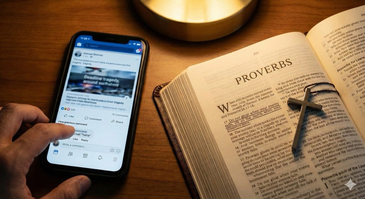 hand scrolling through social media comments on a phone next to an open Bible and a cross.