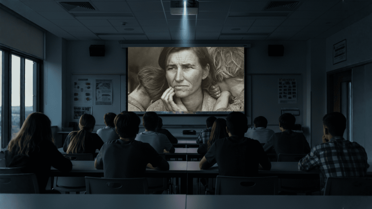 A classroom projector screen displaying a black-and-white image of a Dust Bowl family, with the silhouette of a teacher standing in the foreground.