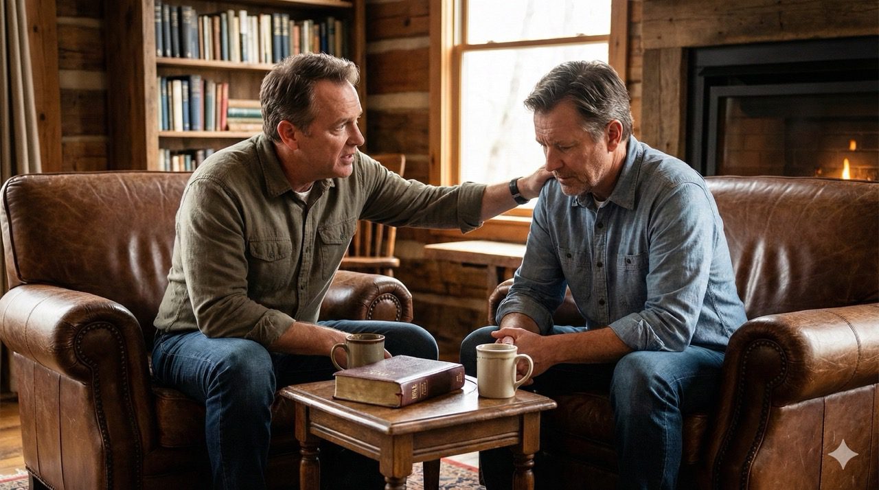 Two men engaged in a serious, supportive conversation with an open Bible on a small table between them, illustrating the concept of biblical friendship.