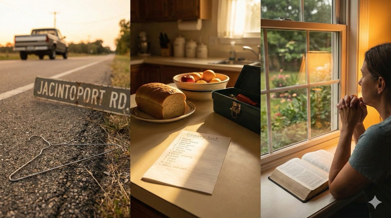 A collage featuring a wire coat hanger on Jacintoport Road, a grocery list on a kitchen counter, and a woman praying beside a Bible.