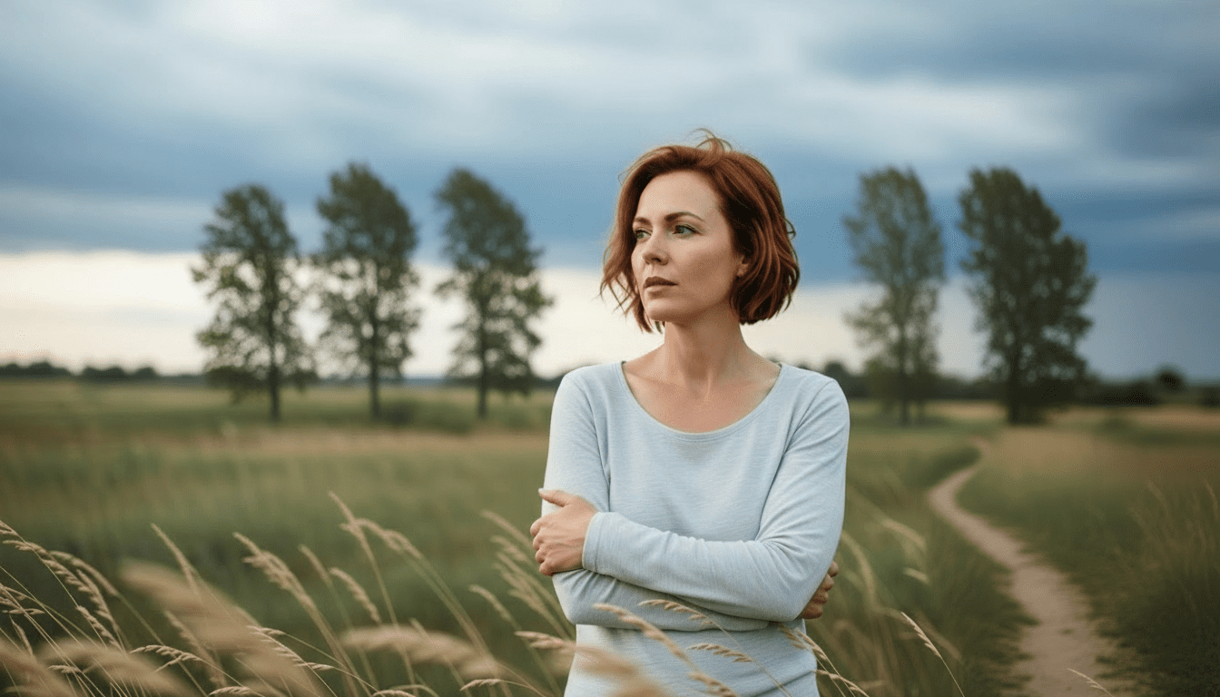 A woman with red bobbed hair stands in a field of dry grass with trees in the background, looking off into the distance under a cloudy, overcast sky.