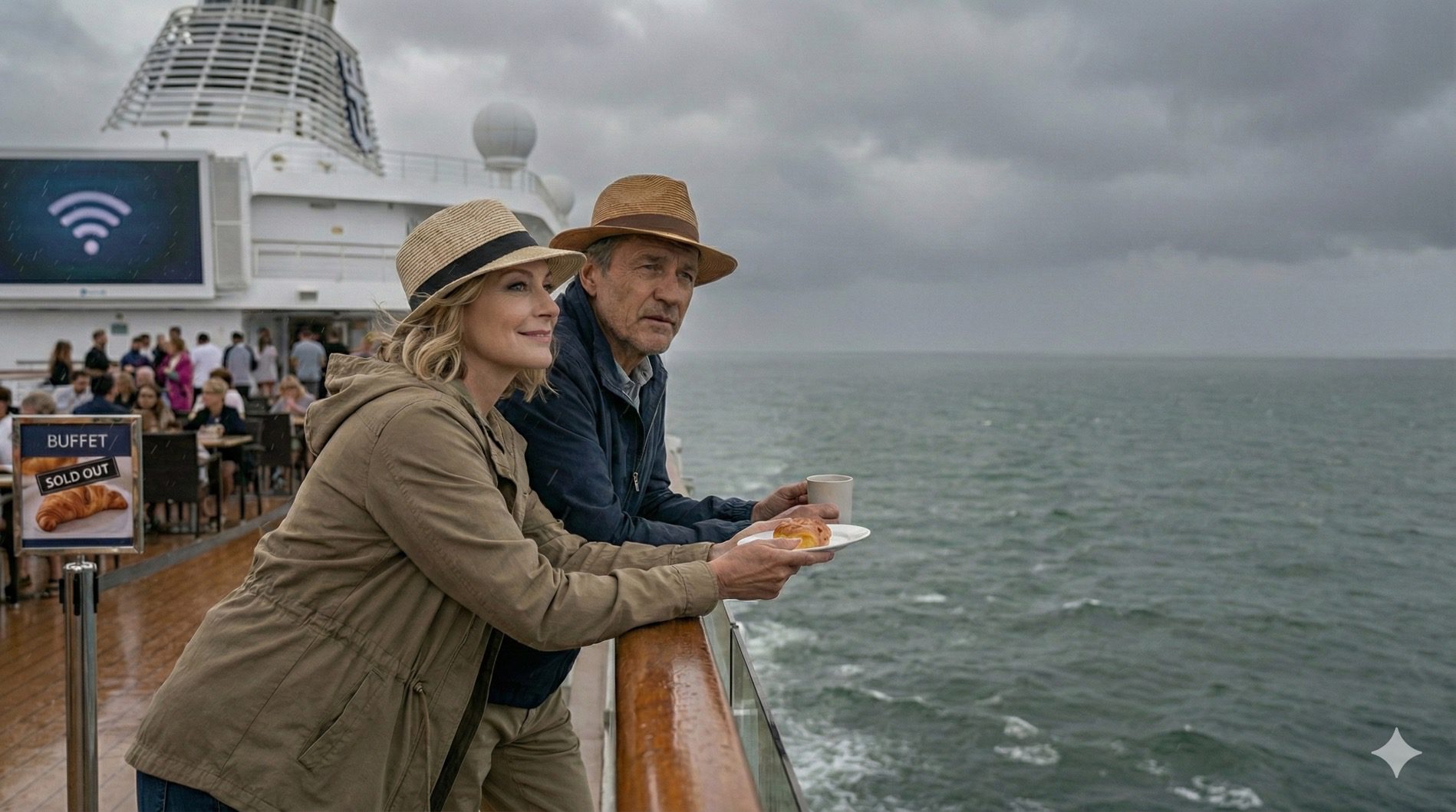 A middle-aged couple wearing straw hats leans against a cruise ship railing, looking out over a gray, choppy ocean.