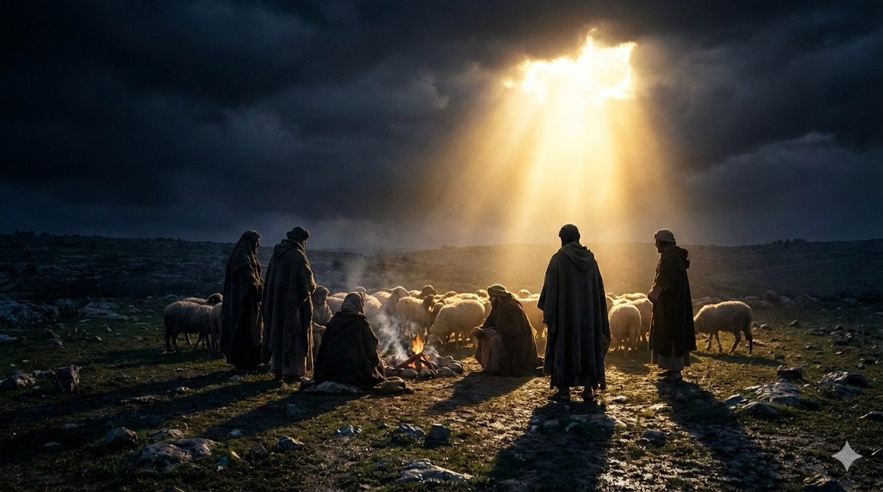 A group of shepherds in heavy cloaks gathered around a small campfire with their sheep under a dark, dramatic sky as a bright beam of light breaks through the clouds.