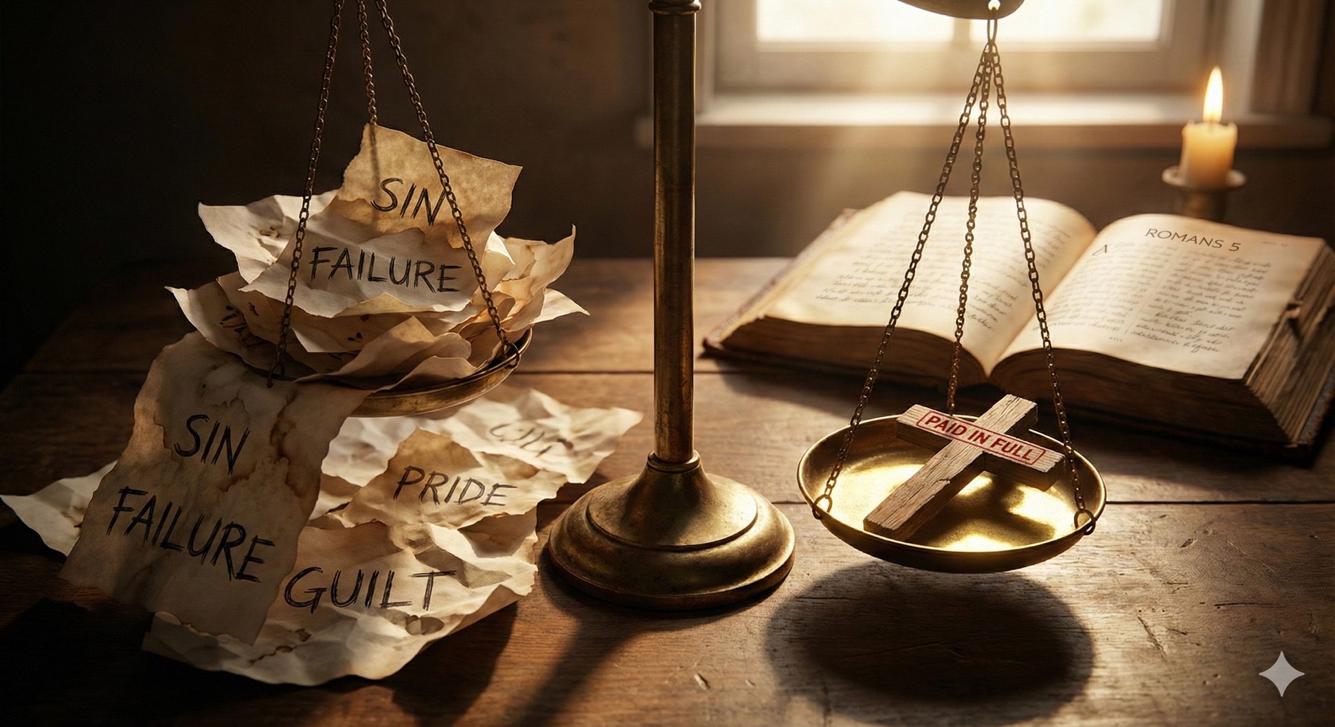 A vintage brass balance scale with one side weighed down by papers labeled sin and failure, and the other holding a wooden cross labeled paid in full.