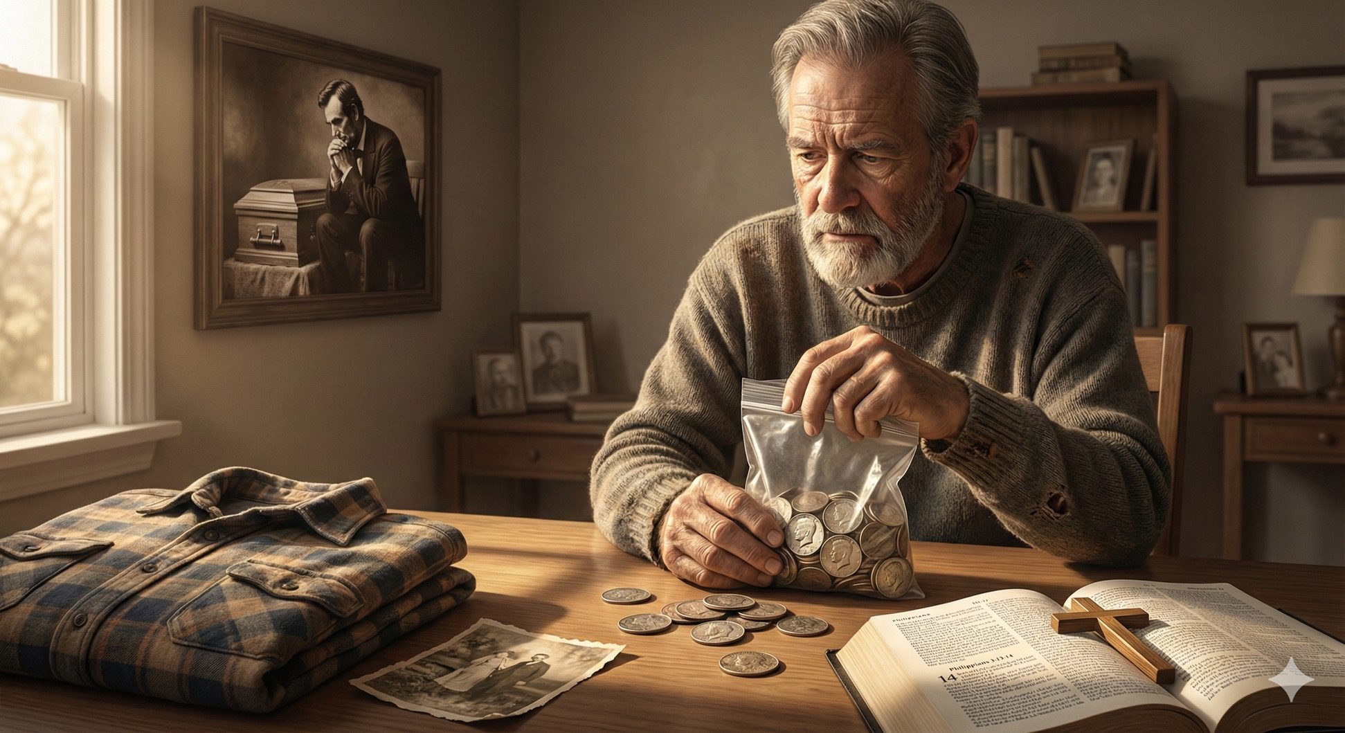 Elderly man sitting at a desk holding a bag of half-dollar coins near an open Bible, with a portrait of a grieving Abraham Lincoln on the wall behind him.