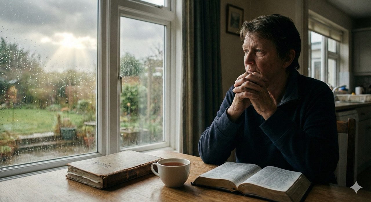 A contemplative man sits at a dining table with an open Bible and a cup of coffee, looking out a large window at a rainy, overcast day.