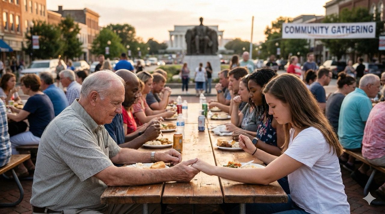 A large, diverse community gathering outdoors at long wooden tables, holding hands and bowing heads in prayer during a sunset meal.