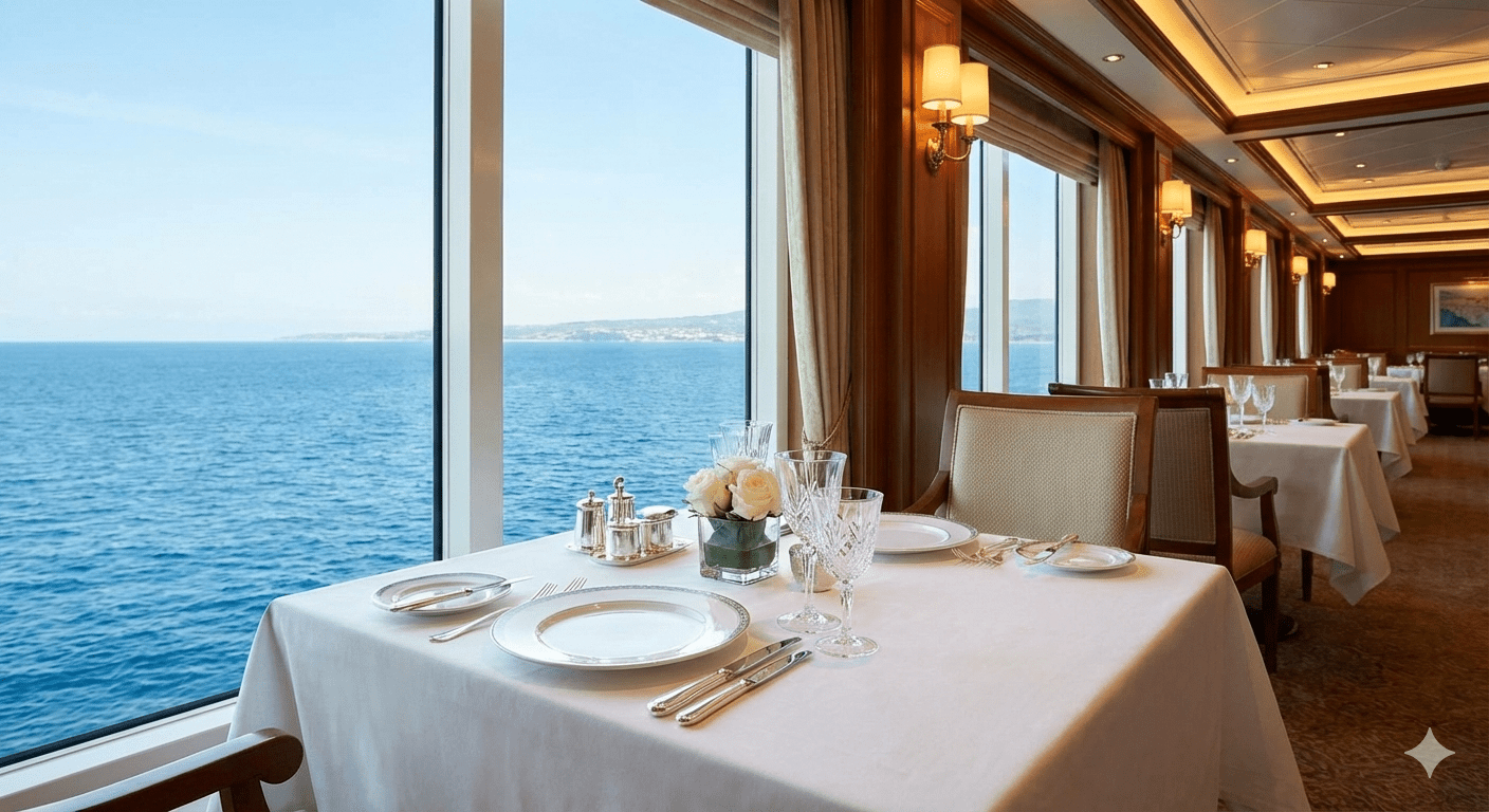 Elegant dining table with white linens and crystal glasses next to a large window overlooking the blue ocean on a cruise ship.