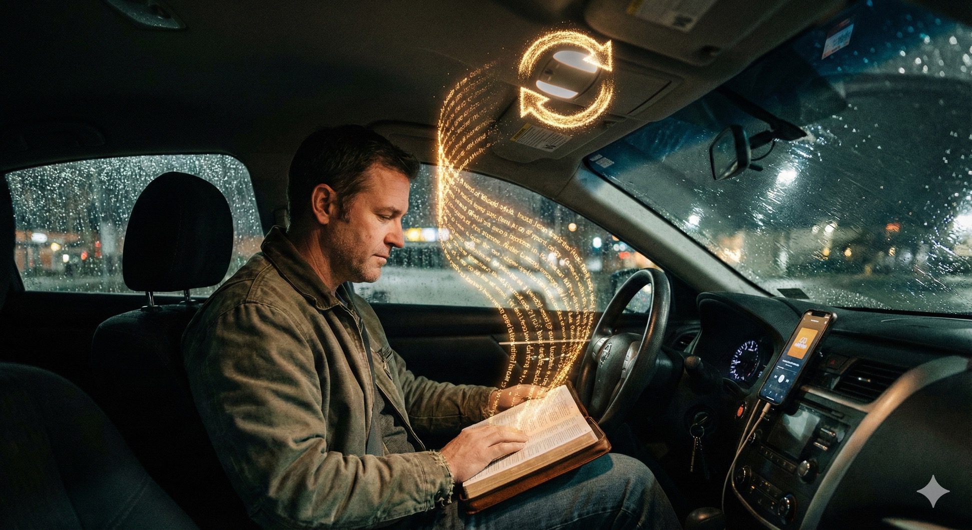 Man sitting in a car at night reading a book, with glowing golden text and a refresh icon swirling above his head.