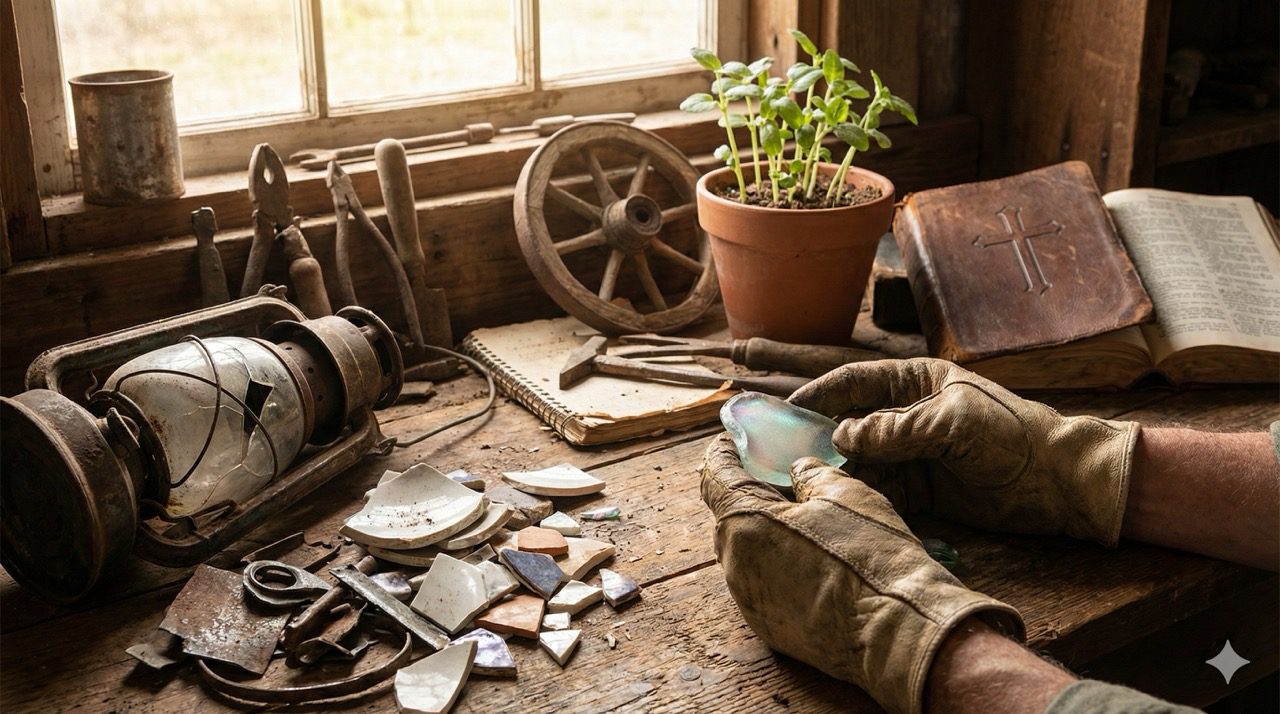 A pair of workman's gloved hands holding a piece of smoothed glass at a workbench cluttered with broken shards, a Bible, and a young plant, symbolizing restoration.