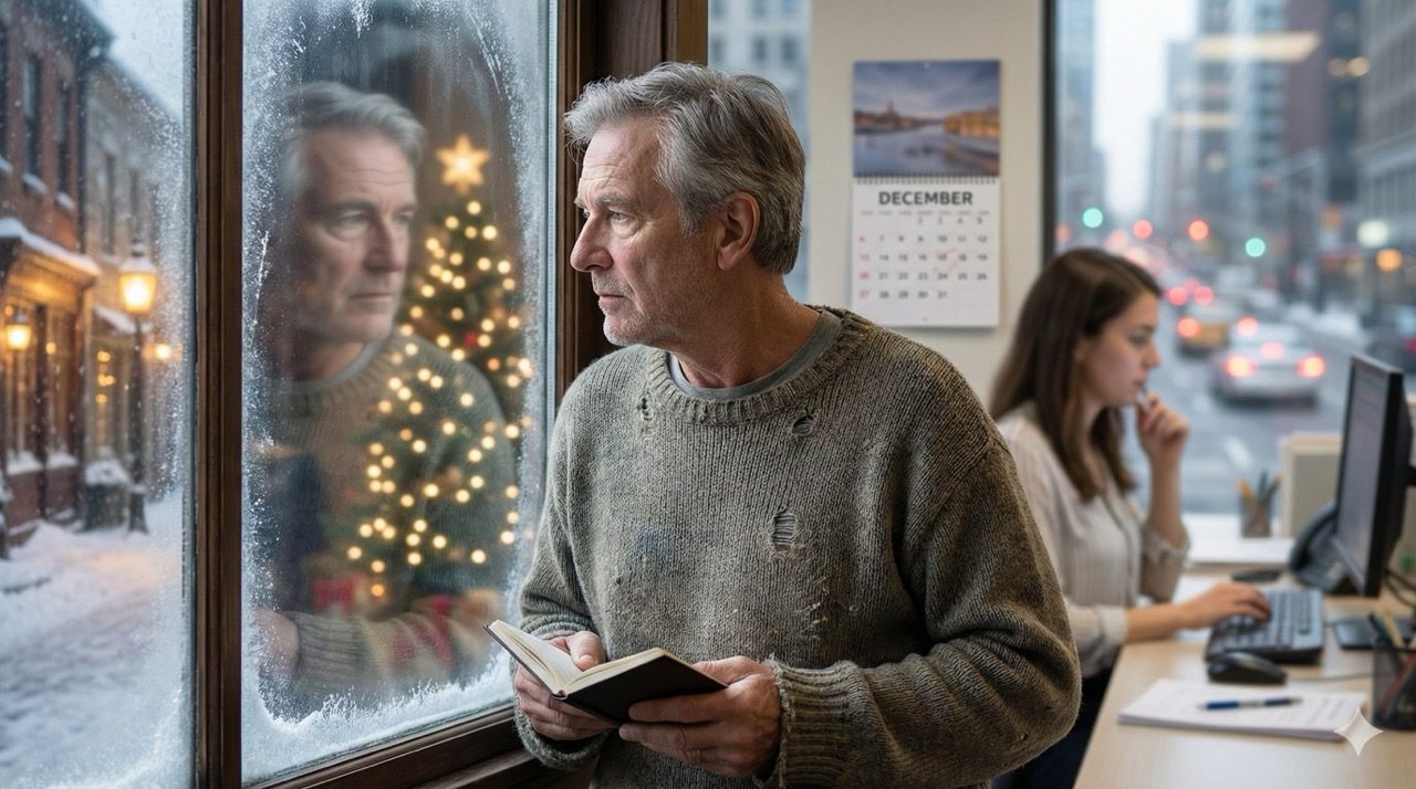 An older man holding a small journal looks out a frosty window at a city street adorned with Christmas lights, with a calendar on the wall displaying December.