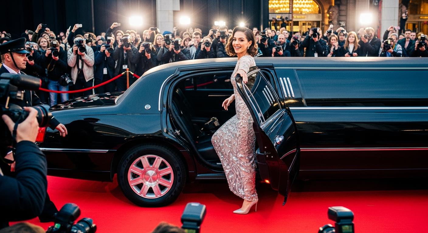 glamorous young woman in a sparkling gown stepping out of a limousine onto a red carpet, surrounded by a swarm of paparazzi and flashing lights.