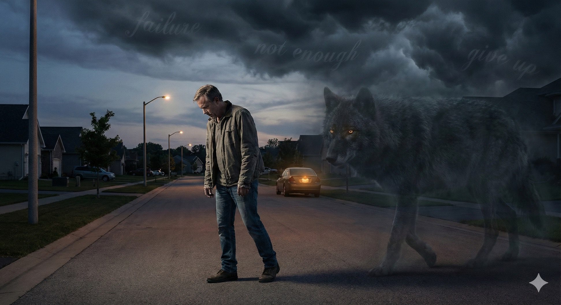 A weary man walking down a suburban street at twilight, trailed by a large, shadowy wolf representing discouragement, with words like "failure" and "give up" floating in the storm clouds above.