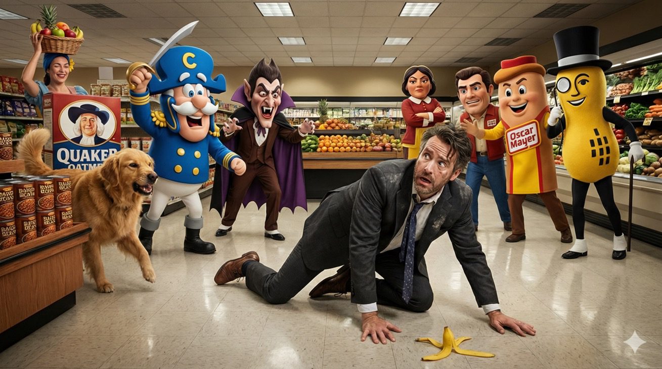 Businessman on grocery store floor after slipping on banana peel, surrounded by hostile brand mascots including Cap'n Crunch, Count Chocula, Oscar Mayer, and Mr. Peanut
