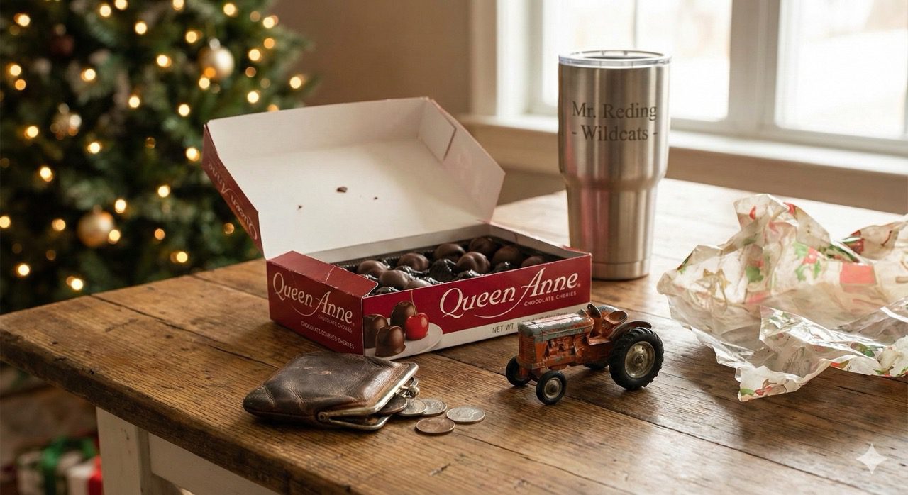 A box of Queen Anne Cordial Cherries, a worn leather coin purse with loose change, a vintage toy tractor, and an engraved stainless steel tumbler on a wooden table with a Christmas tree in the background.