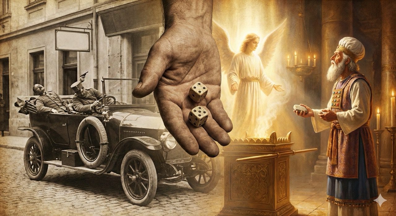 A split scene showing the assassination of Archduke Franz Ferdinand on the left and Zechariah in the temple on the right, overlaid with a hand casting dice to symbolize providence.
