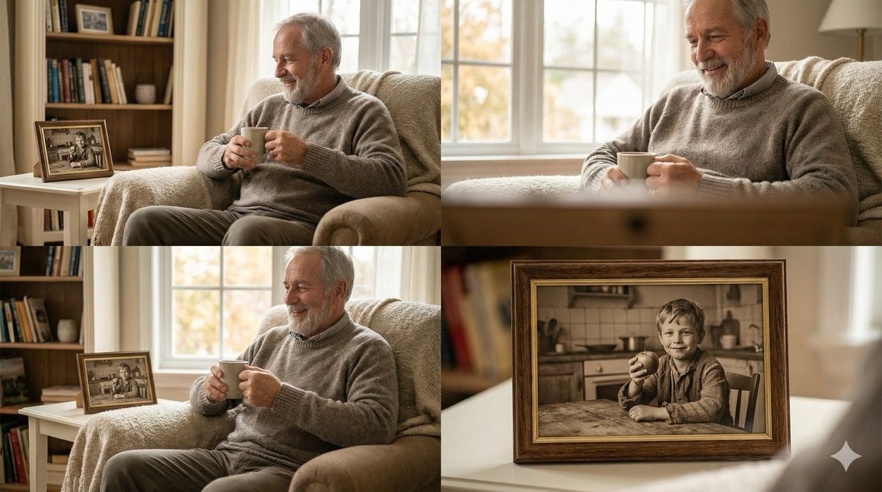 An elderly man smiling in an armchair next to a framed sepia photo of a young boy, symbolizing reflection on childhood memories.