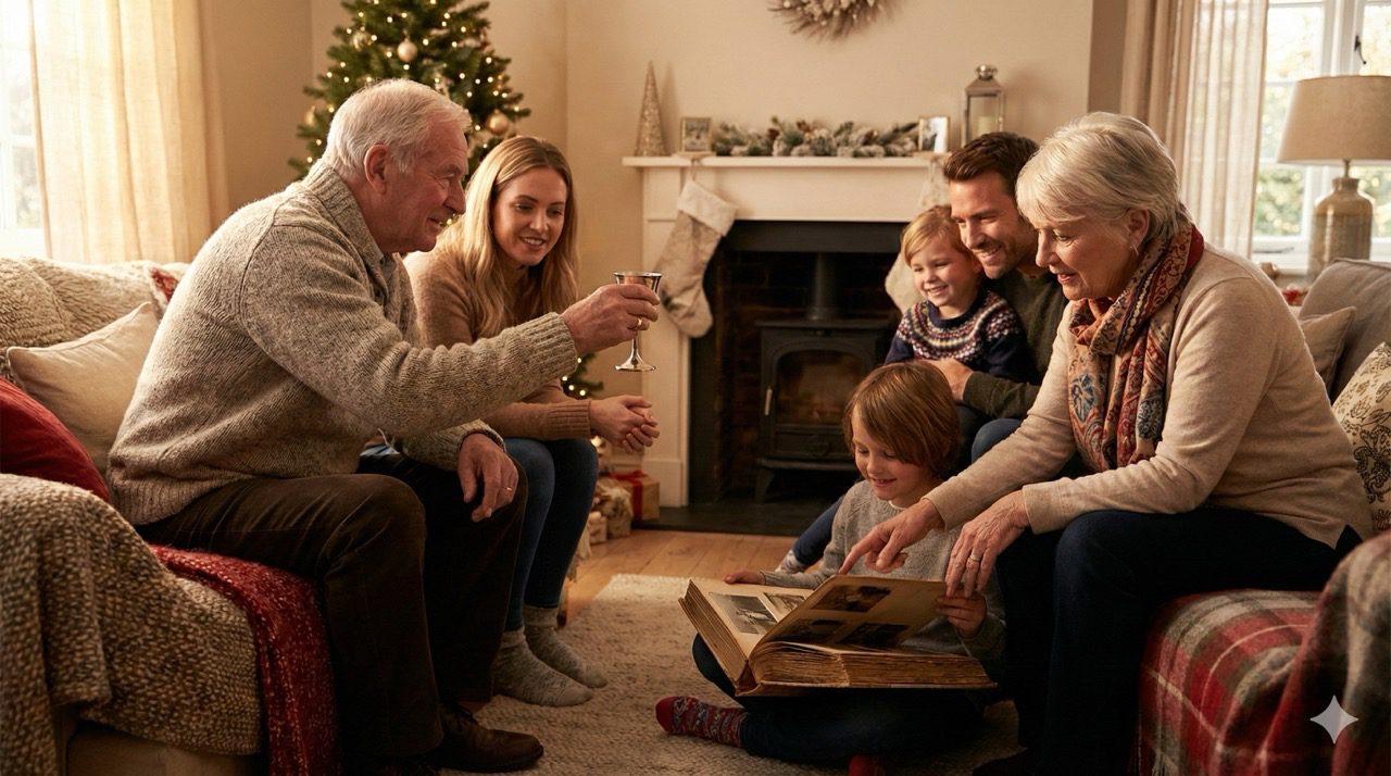 A multi-generational family—grandparents, parents, and grandsons—sharing a photo album by a fireplace and Christmas tree.