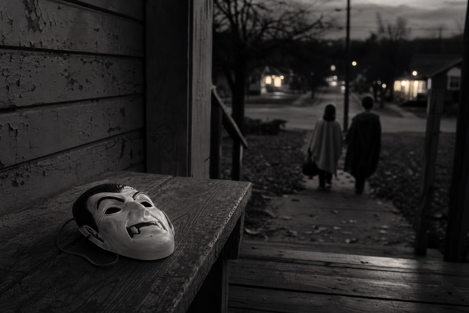 A vintage plastic vampire mask rests on a weathered porch as two children walk toward neighborhood lights at dusk
