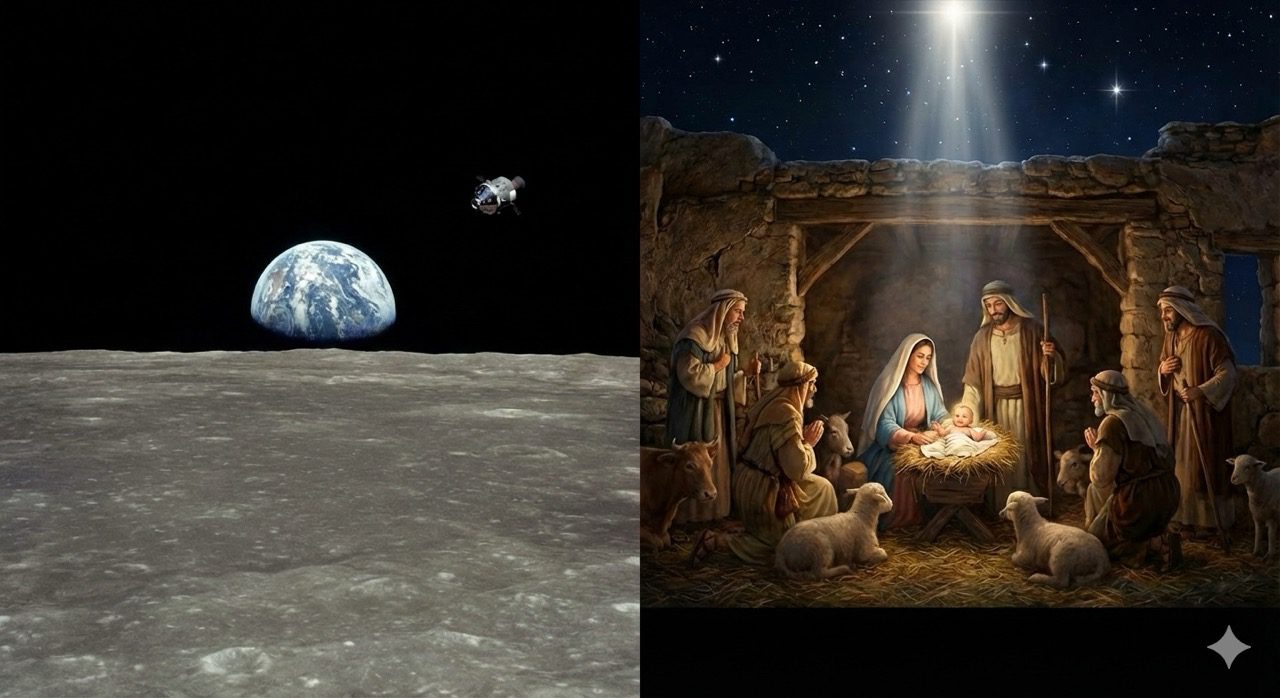 A side-by-side comparison showing the blue Earth rising over the moon's horizon next to a classic nativity scene with shepherds and the Star of Bethlehem.