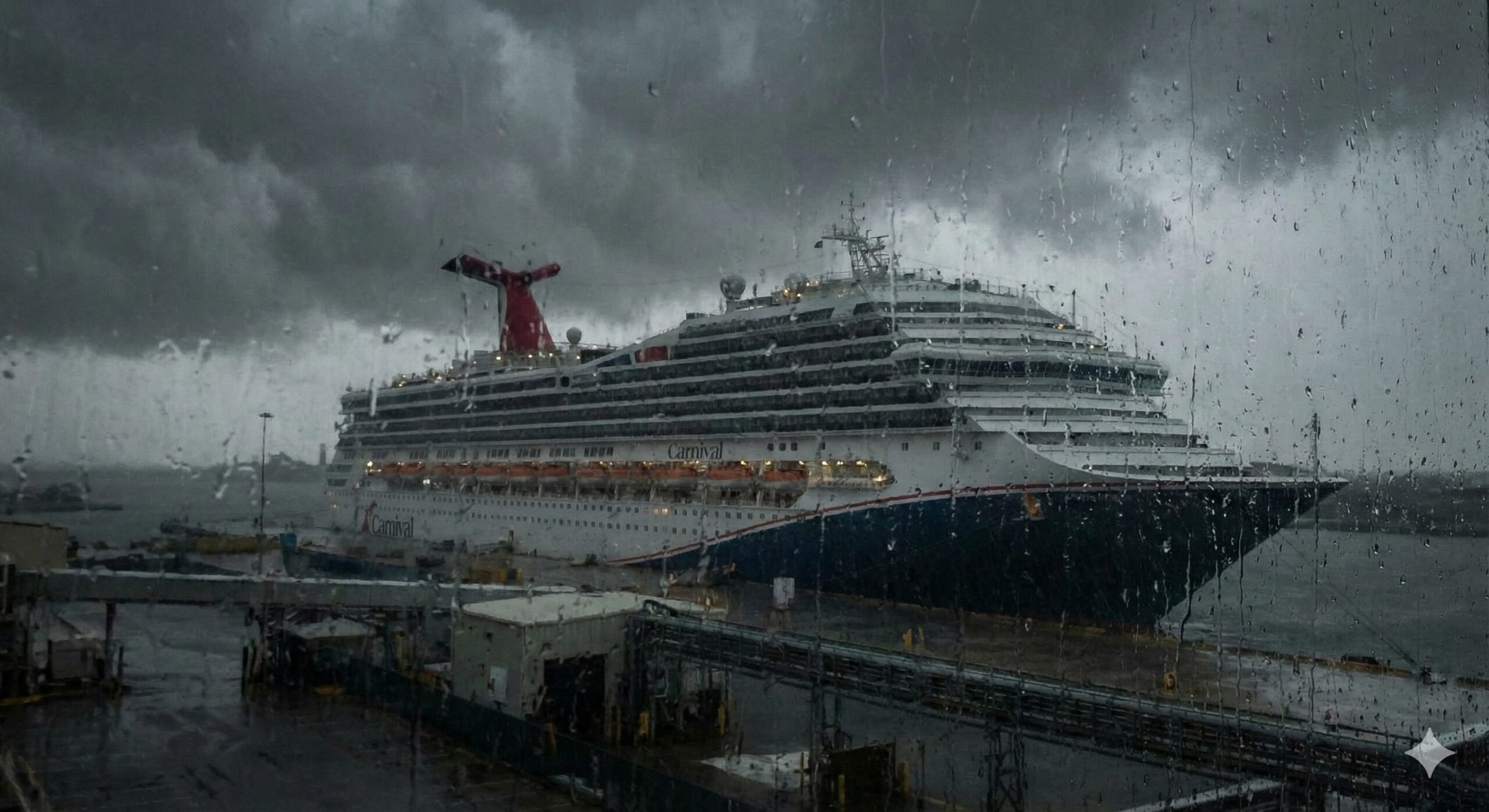 The Carnival Dream cruise ship docked in Galveston, viewed through a rain-streaked window under dark, heavy storm clouds.