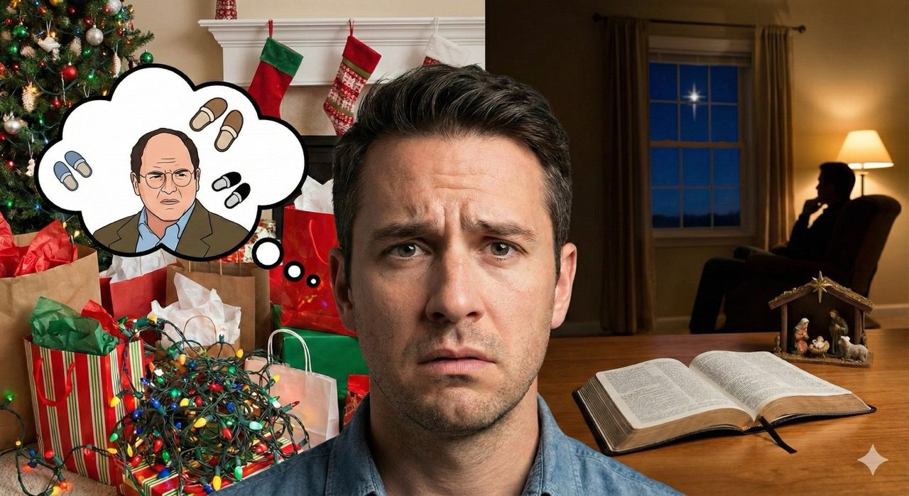 A stressed man surrounded by Christmas gifts with a George Costanza thought bubble next to an open Bible and Nativity scene.