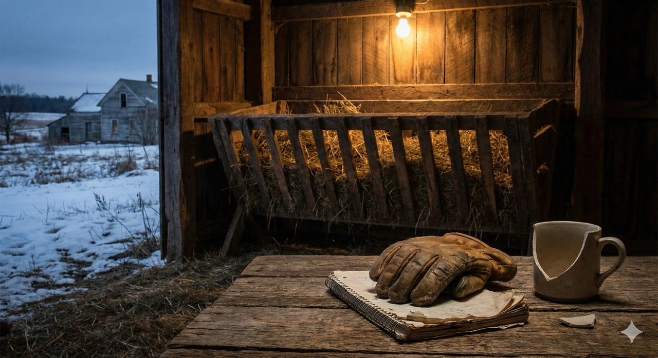 A rustic wooden manger filled with hay inside a dimly lit barn, with a pair of worn leather work gloves and a chipped coffee mug sitting on a wooden table in the foreground.