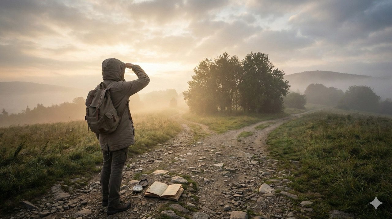 A person with a backpack stands at a fork in a misty road at sunrise, looking out toward the horizon with an open book and compass on the ground.