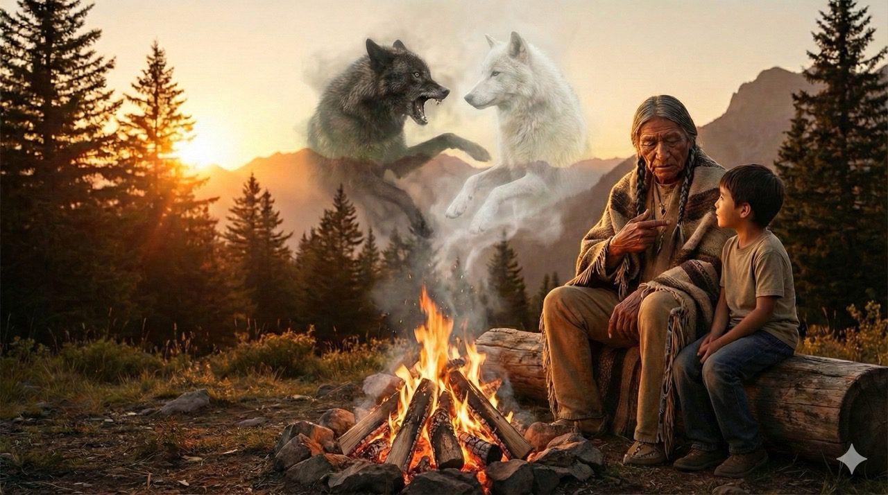 a grandfather talking to his grandson about two wolves