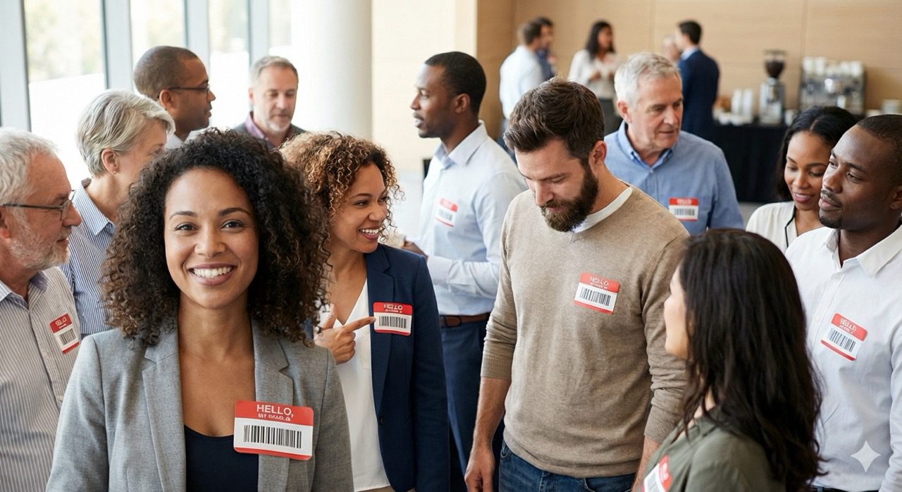 A diverse group of smiling professionals at a gathering, wearing red and white name tags that display barcodes instead of names.