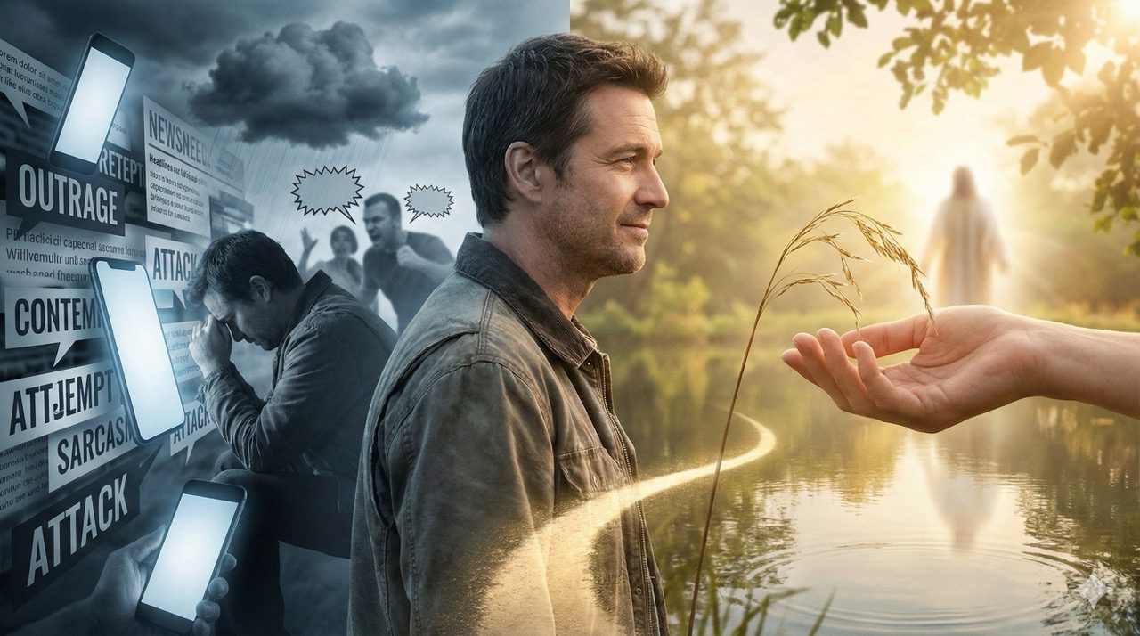 A split image showing a man overwhelmed by angry social media notifications on the left, contrasting with a hand gently holding a bruised reed in a peaceful setting on the right.