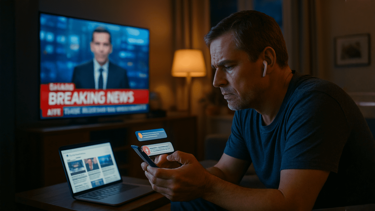 A middle-aged man with earbuds sits in a dimly lit living room at night, looking intently at his smartphone while a large television screen in the background displays "BREAKING NEWS." An open laptop is also visible on the coffee table, conveying a sense of information overload.