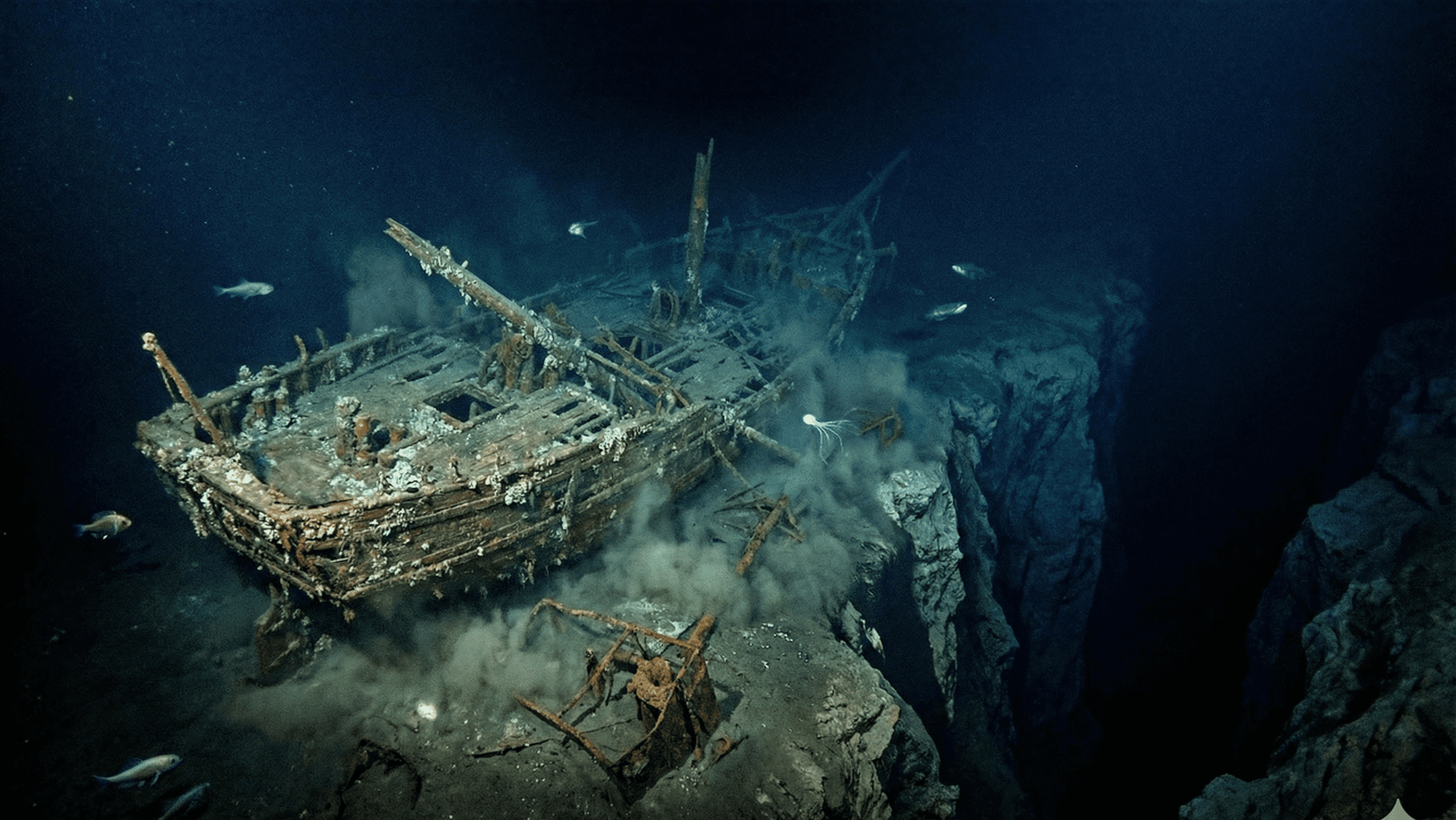 A ghostly wooden shipwreck resting on the dark ocean floor, illustrating the concept of things buried deep.