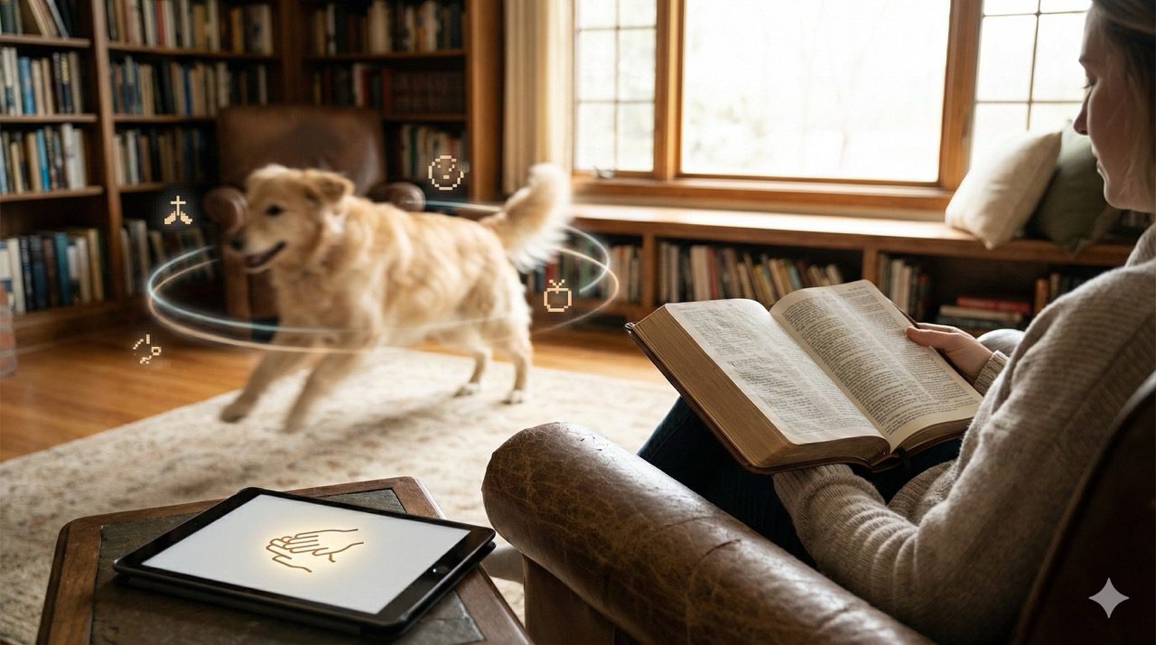 A golden retriever running in a blur of motion with digital icons floating nearby, while a woman reads an open book in a cozy, wood-paneled library.