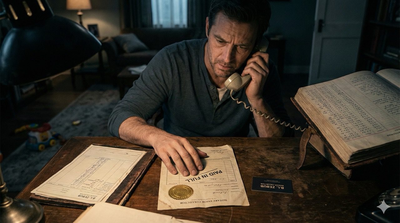 A man sits at a dimly lit desk holding a phone, looking at a document stamped "PAID IN FULL" while a business card for "B.L. Zebub Senior Collector" rests on the table.