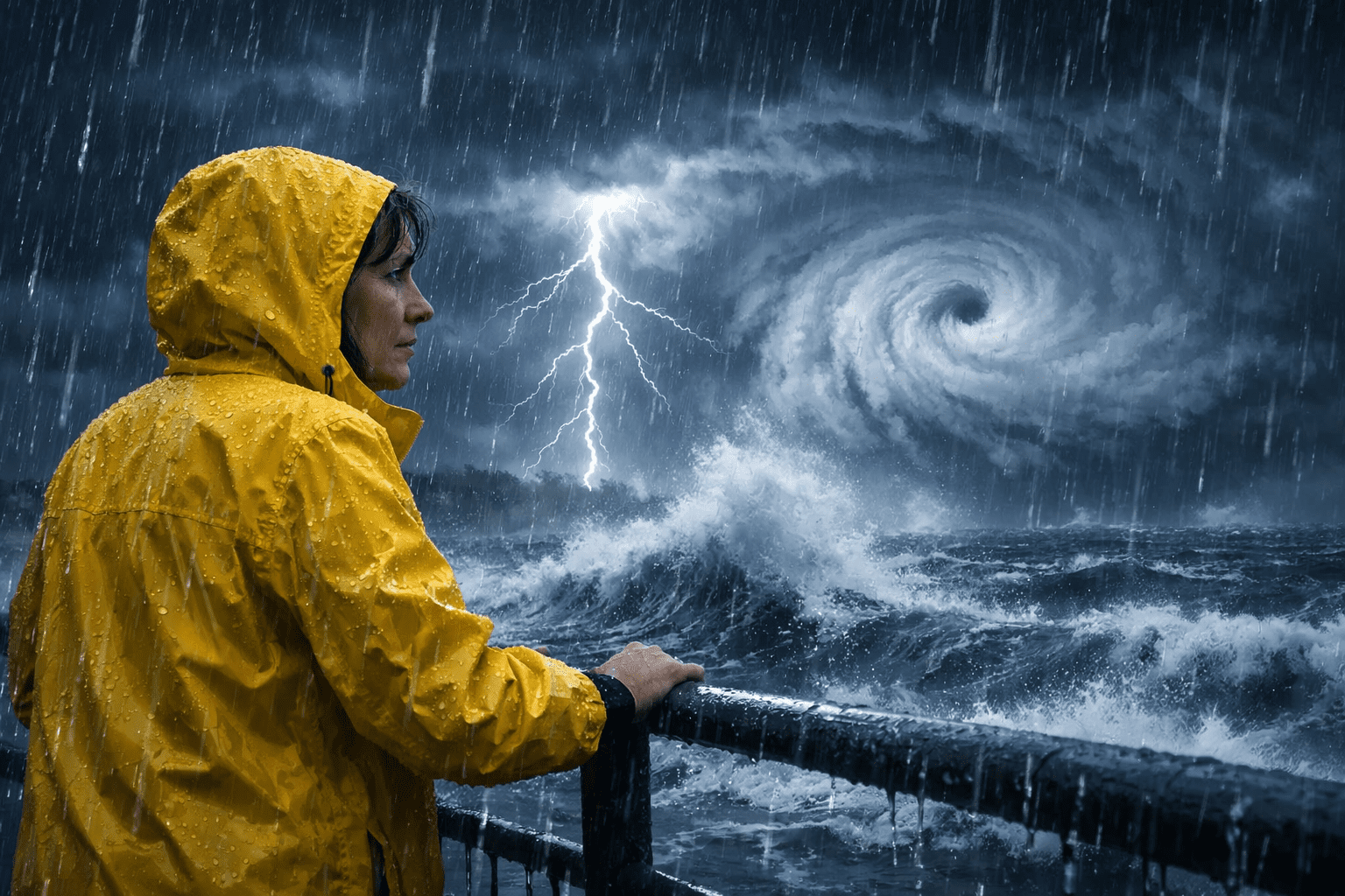 A woman in a yellow raincoat grips a railing, looking out at a dark, turbulent ocean with a massive hurricane spiral in the sky.
