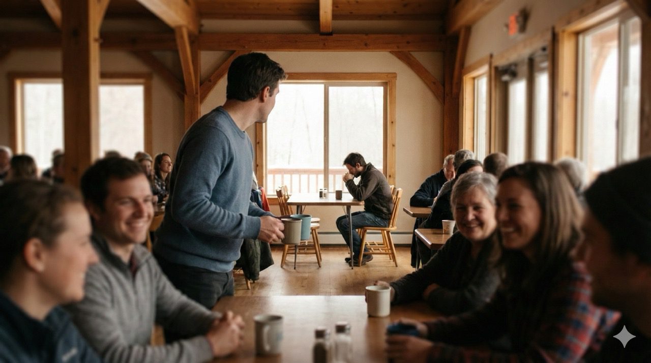 A rustic dining hall scene showing a man walking across the room to sit with a lonely figure, while others chat in groups nearby.