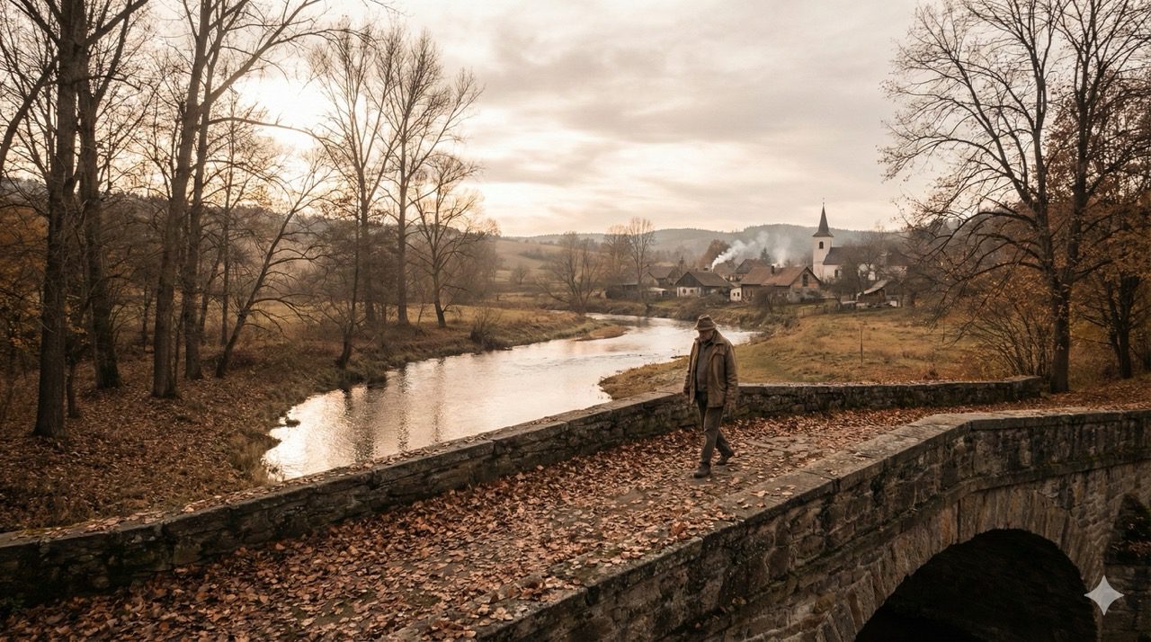 An older man walking alone across a stone bridge over a river toward a village with a church steeple during late autumn.
