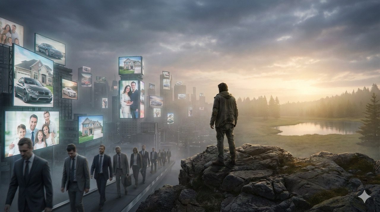 A man standing on a dark, rocky cliff overlooking a futuristic, foggy city filled with floating digital billboards displaying happy families and luxury cars.